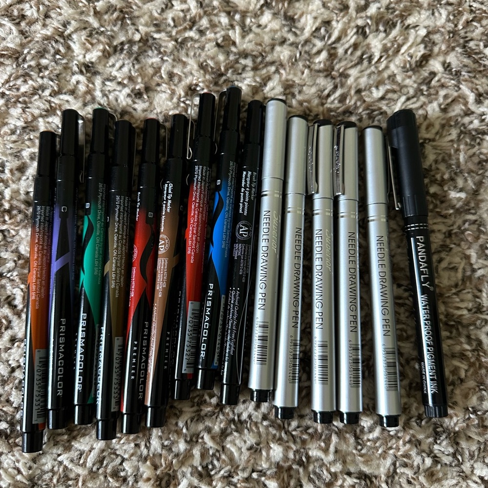 Assorted Prismacolor & Needle Drawing Pens - Black, Silver, Multicolor